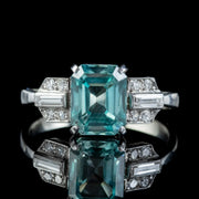 Art Deco Blue Zircon Diamond Ring Platinum 2.80Ct Emerald Cut Zircon Circa 1920