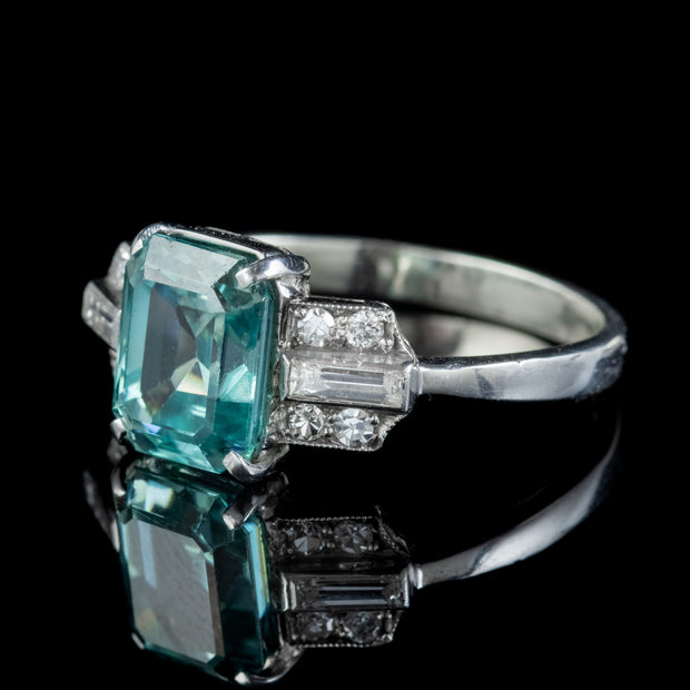 Art Deco Blue Zircon Diamond Ring Platinum 2.80Ct Emerald Cut Zircon Circa 1920