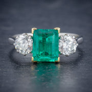 Art Deco Colombian Emerald Diamond Trilogy Ring Platinum 18ct Gold 2.55ct Emerald With Cert