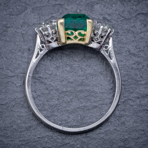 Art Deco Colombian Emerald Diamond Trilogy Ring Platinum 18ct Gold 2.55ct Emerald With Cert