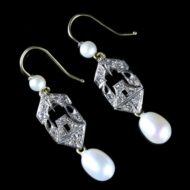 Antique Art Deco Diamond Pearl Earrings 18Ct Gold Circa 1920