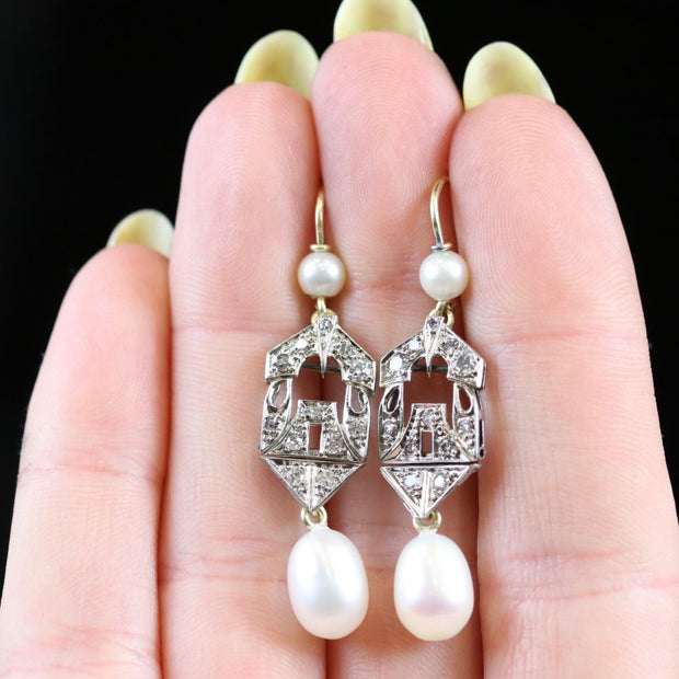 Antique Art Deco Diamond Pearl Earrings 18Ct Gold Circa 1920