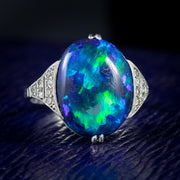 Art Deco Natural Black Opal Diamond Ring 8Ct Opal Platinum Circa 1920
