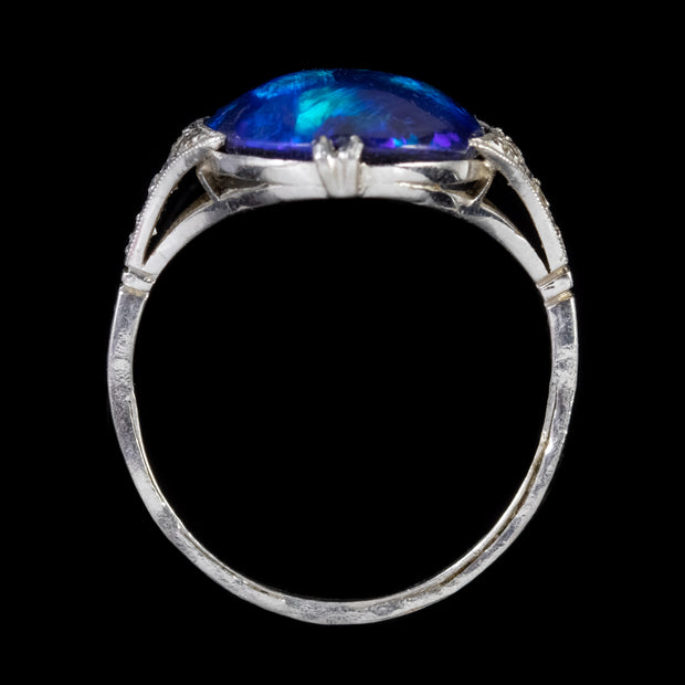 Art Deco Natural Black Opal Diamond Ring 8Ct Opal Platinum Circa 1920