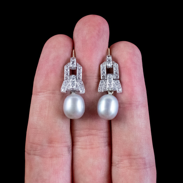 Art Deco Diamond Silver Pearl Drop Earrings 18Ct Gold Circa 1920