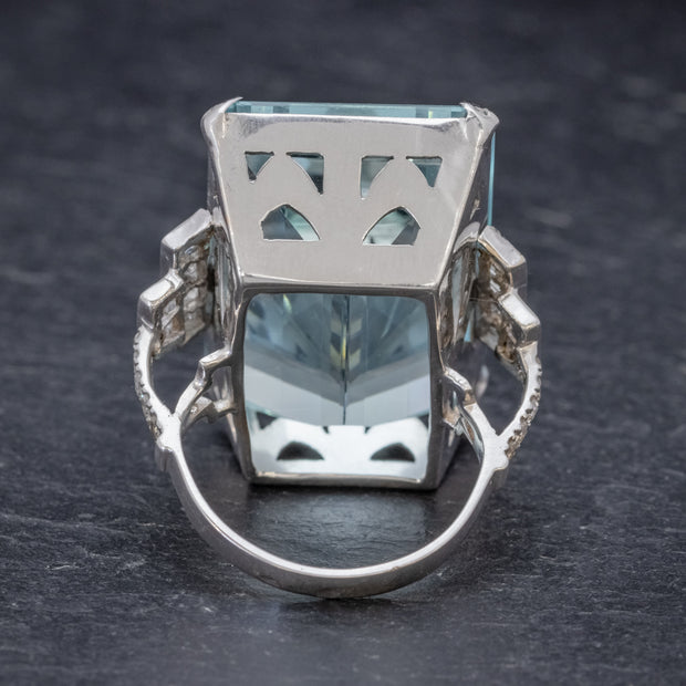 Art Deco French 56Ct Aquamarine Diamond Ring Platinum Circa 1930