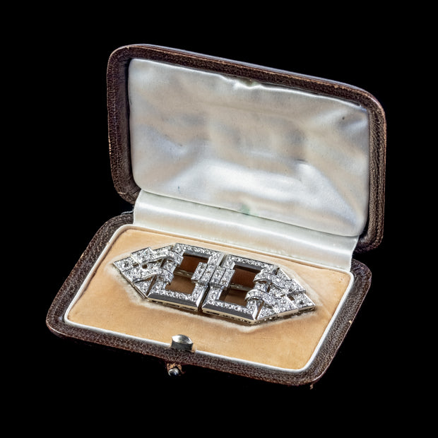 Art Deco French Diamond Double Clip Brooch 18Ct Gold 3Ct Diamonds Boxed Circa 1930