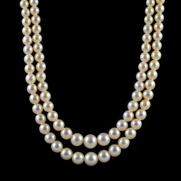 Art Deco French Double Pearl Necklace 1Ct Diamond Clasp Circa 1920