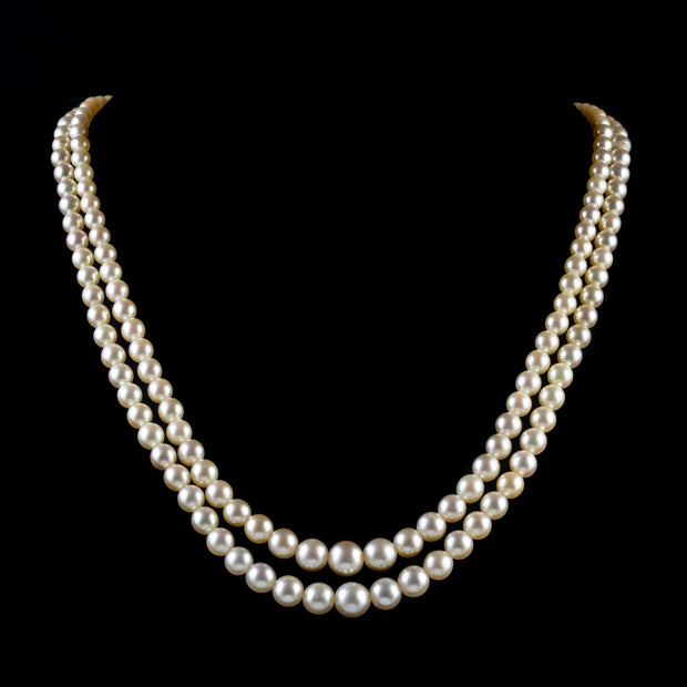 Art Deco French Double Pearl Necklace 1Ct Diamond Clasp Circa 1920