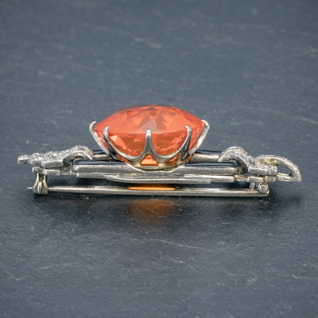 Art Deco Natural 10Ct Fire Opal Diamond Onyx Brooch 18Ct Gold Circa 1920