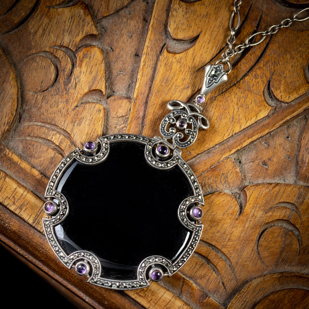 Art Deco Onyx Amethyst Pendant Necklace Sterling Silver Circa 1920