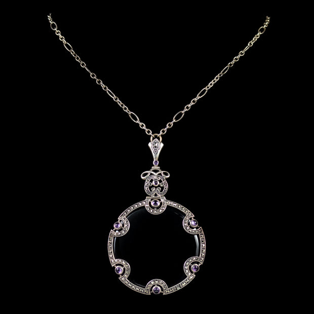 Art Deco Onyx Amethyst Pendant Necklace Sterling Silver Circa 1920