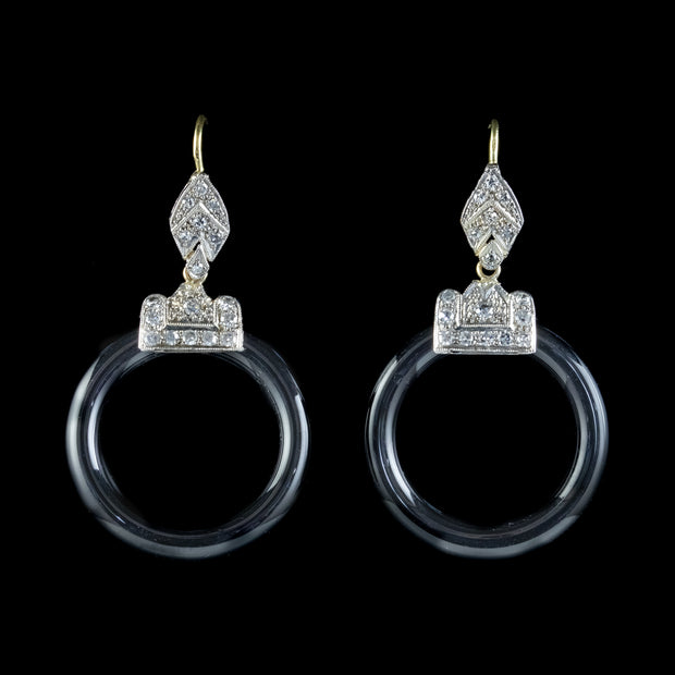 Art Deco Onyx Diamond Hoop Earrings 18Ct Gold Platinum Circa 1920