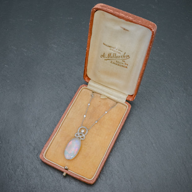 Art Deco Opal Diamond Pendant Necklace 18Ct Gold Platinum 15Ct Opal Circa 1930 Boxed
