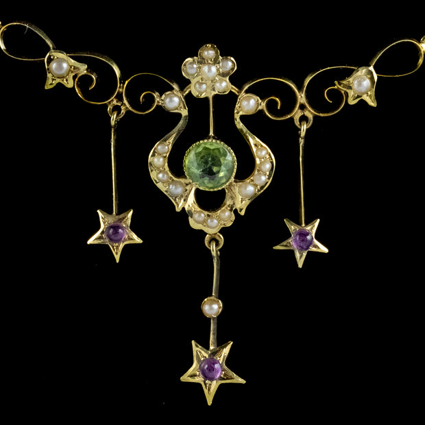 Art Deco Suffragette Floral Star Lavaliere Necklace 14Ct Gold Circa 1930