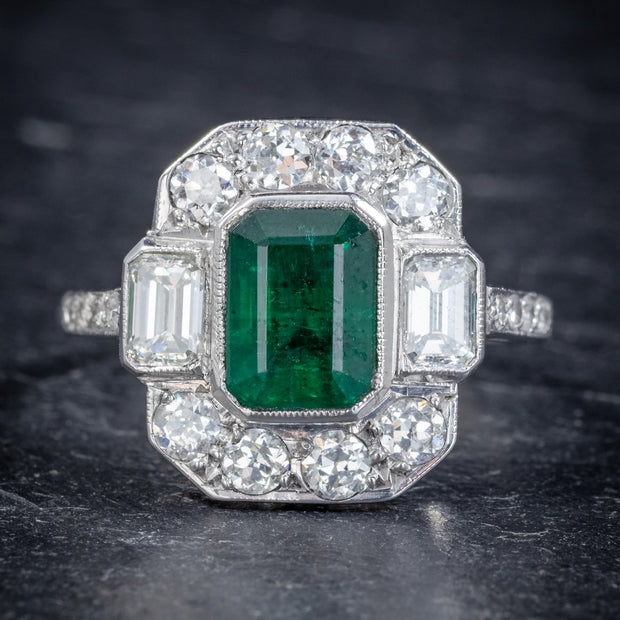 Art Deco Style Emerald Diamond Ring 18Ct White Gold 1.75Ct Emerald Cert