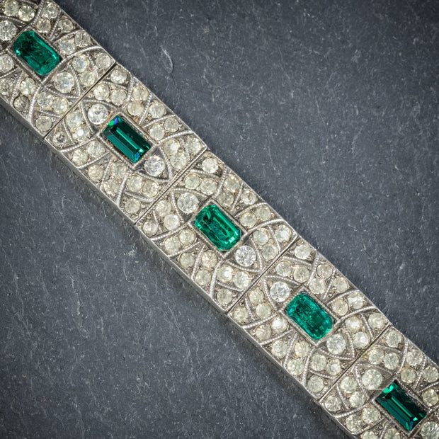 Art Deco Green Paste Stone Bracelet Sterling Silver Circa 1920