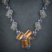 Art Deco Silver Necklace Blue Orange Paste Stones Circa 1930