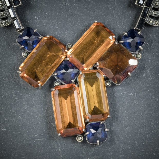 Art Deco Silver Necklace Blue Orange Paste Stones Circa 1930