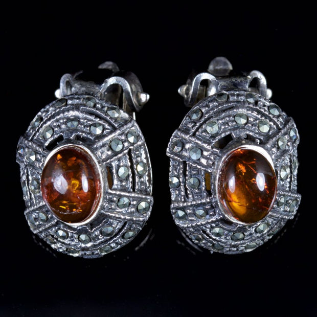 Art Deco Style Amber Marcasite Clip Earrings Sterling Silver
