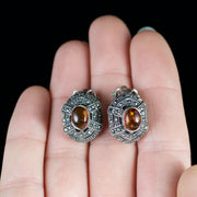 Art Deco Style Amber Marcasite Clip Earrings Sterling Silver