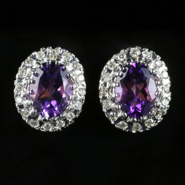 Amethyst Diamond Cluster Earrings 9Ct Gold