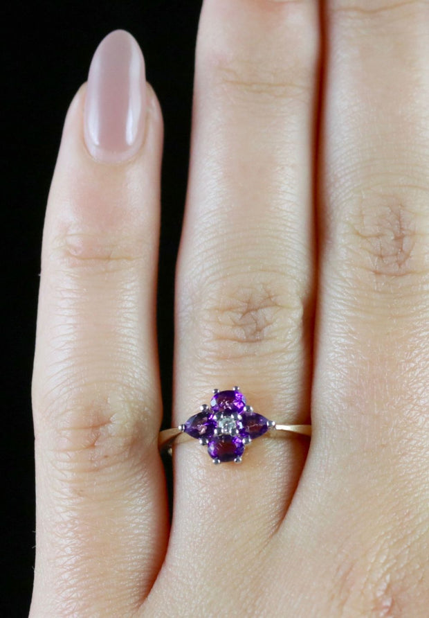 Victorian Style Amethyst Diamond Cluster Ring 9ct Gold Ring