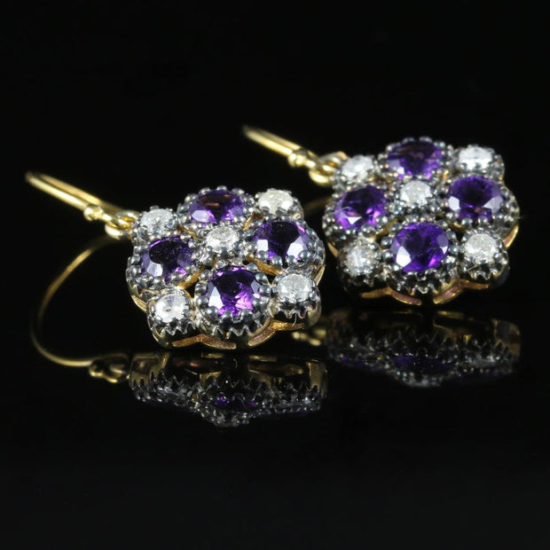 Amethyst Diamond Flower Earrings 9Ct Gold