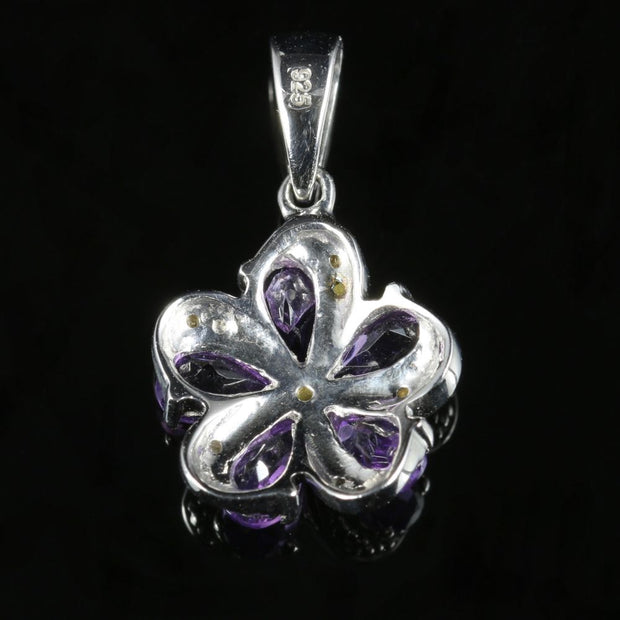 Amethyst Diamond Flower Swirl Silver Pendant