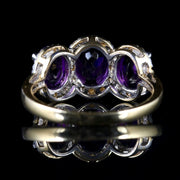 Victorian Style Amethyst Diamond Trilogy Ring 9Ct Gold