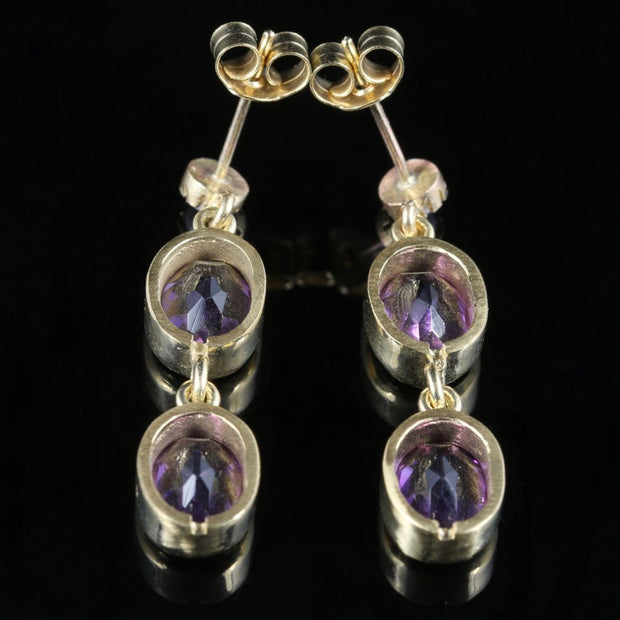 Victorian Style Amethyst Pearl Double Drop Earrings 9ct Gold