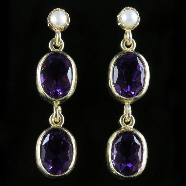 Victorian Style Amethyst Pearl Double Drop Earrings 9ct Gold