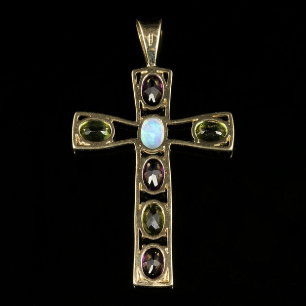 Edwardian Suffragette Style Amethyst Peridot Opal Cross Pendant 9ct Gold