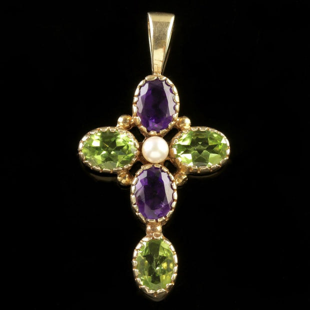 Amethyst Peridot Pearl Suffragette Cross Pendant 9Ct Gold