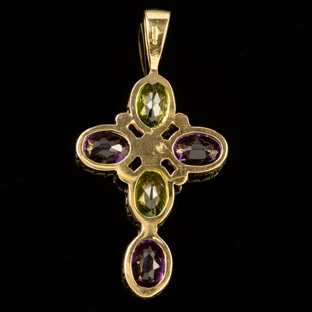 Edwardian Style Amethyst Peridot Pearl Suffragette Cross Pendant 9ct Gold