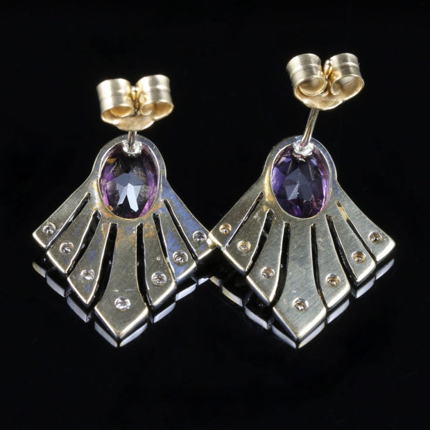 Amethyst And Diamond Fan Earrings 9Ct Gold
