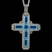 Antique Art Deco Blue Spinel Marcasite Cross Pendant Necklace By Theodor Fahrner