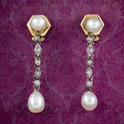 Antique Art Deco French Pearl Diamond Drop Earrings
