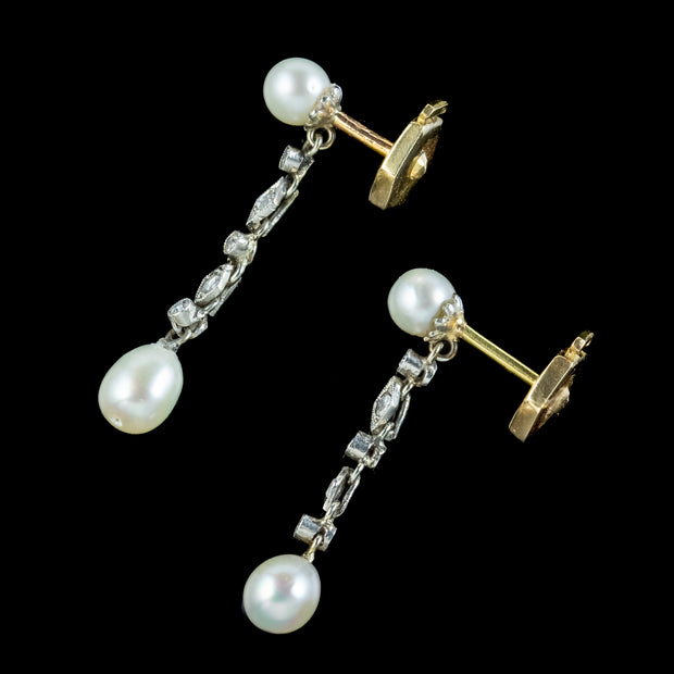 Antique Art Deco French Pearl Diamond Drop Earrings