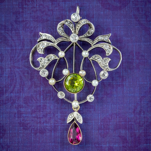 Antique Art Deco Suffragette Pendant Peridot Garnet Diamond Pearl 
