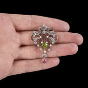 Antique Art Deco Suffragette Pendant Peridot Garnet Diamond Pearl