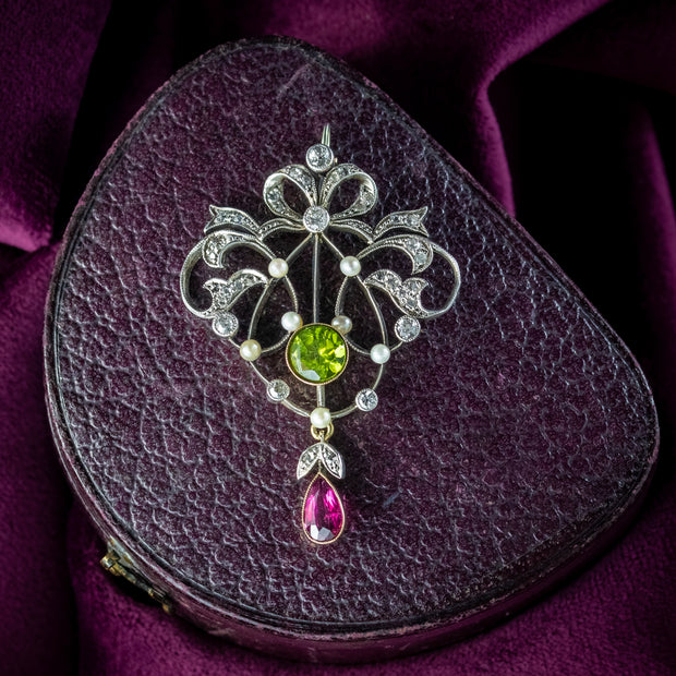 Antique Art Deco Suffragette Pendant Peridot Garnet Diamond Pearl 
