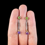Antique Edwardian Suffragette Drop Earrings Amethyst Peridot Diamond