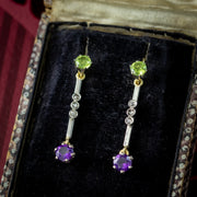 Antique Edwardian Suffragette Drop Earrings Amethyst Peridot Diamond