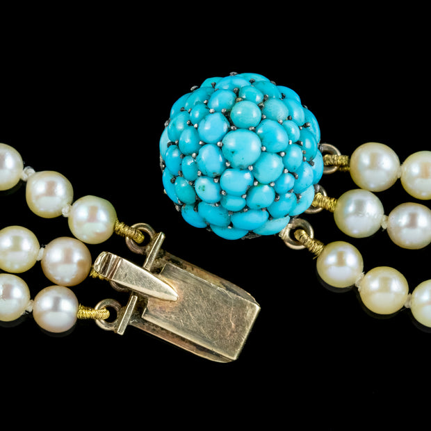 Antique Art Deco Triple Strand Pearl Necklace With 9ct Gold Turquoise Clasp 