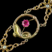 Antique Art Nouveau Pink Tourmaline Pearl Flower Bracelet 9ct Gold