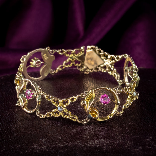 Antique Art Nouveau Pink Tourmaline Pearl Flower Bracelet 9ct Gold