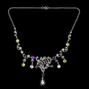 Antique Art Nouveau Suffragette Garland Necklace Diamond Pearl Amethyst Peridot Silver Circa 1915
