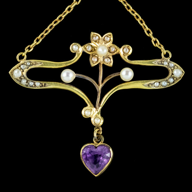 Antique-Art-Nouveau-Suffragette-Pendant-15ct-Gold-Peridot-Amethyst-Pearl-Circa-1910-CLOSE
