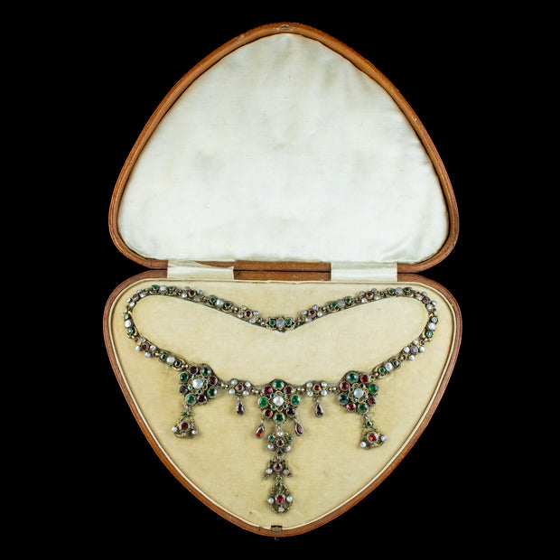 Antique Austro-Hungarian Garnet Pearl Dropper Necklace With Box